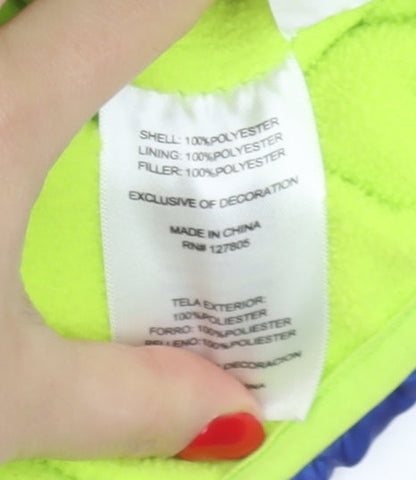 Close-up detail of Snozu boys’ blue puffer jacket, 3 years, hooded winter coat