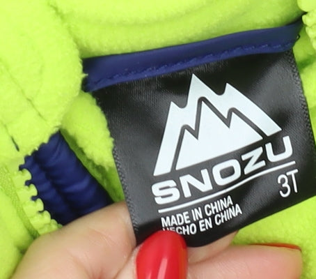 Brand and care label for Snozu boys’ blue puffer jacket, 3 years, hooded winter coat