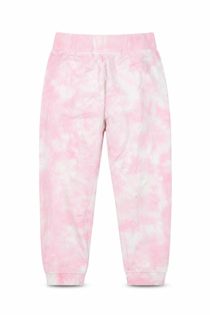 Front view of DKNY girls’ pink tie dye jogger leggings, size 4, years