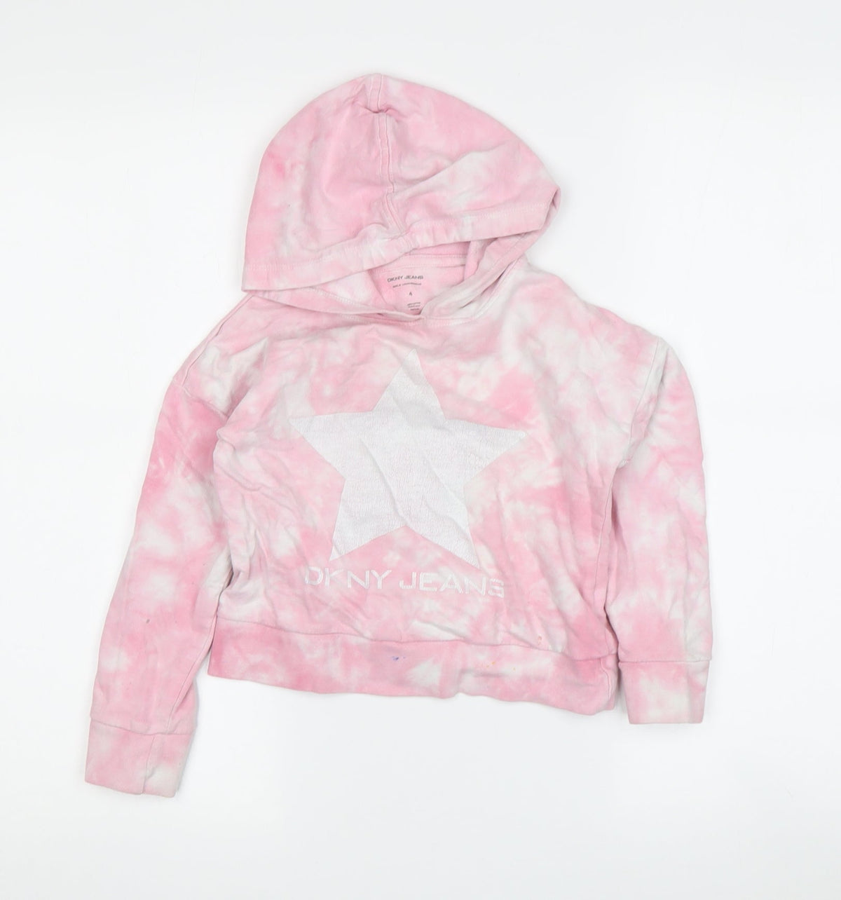 Additional front view of DKNY girls’ pink star tie-dye hoodie, 4 years, casual pullover