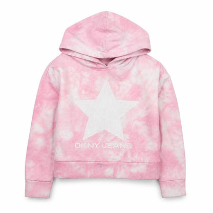Front view of DKNY girls’ pink star tie-dye hoodie, 4 years, casual pullover