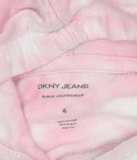 Brand and care label for DKNY girls’ pink star tie-dye hoodie, 4 years, casual pullover