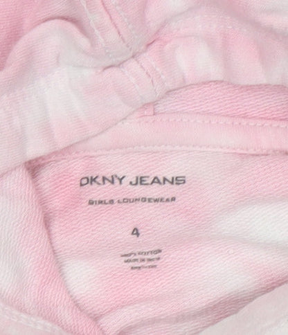 Brand and care label for DKNY girls’ pink star tie-dye hoodie, 4 years, casual pullover