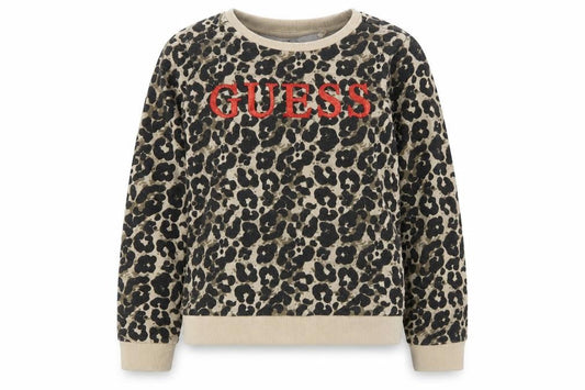 Front view of Guess girls’ beige animal print pullover sweatshirt 5-6y