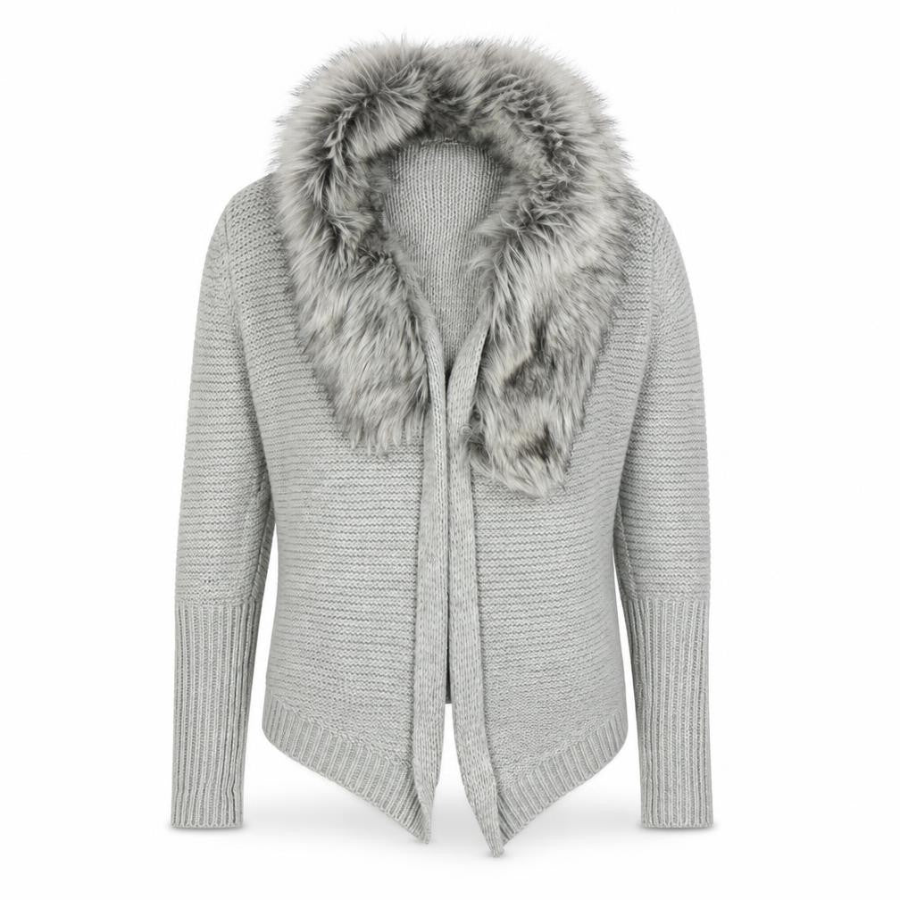Oasis Women's Grey Cardigan Fur Trim Size M
