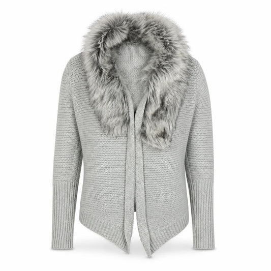 Oasis Women's Grey Cardigan Fur Trim Size M