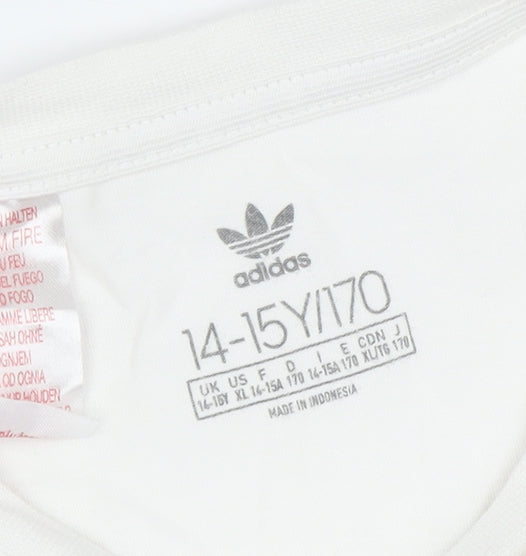 Close-up detail of Adidas girls’ white short sleeve t-shirt, 14-15 years, cotton