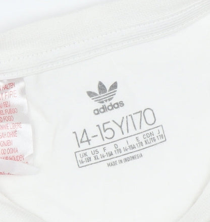 Close-up detail of Adidas girls’ white short sleeve t-shirt, 14-15 years, cotton