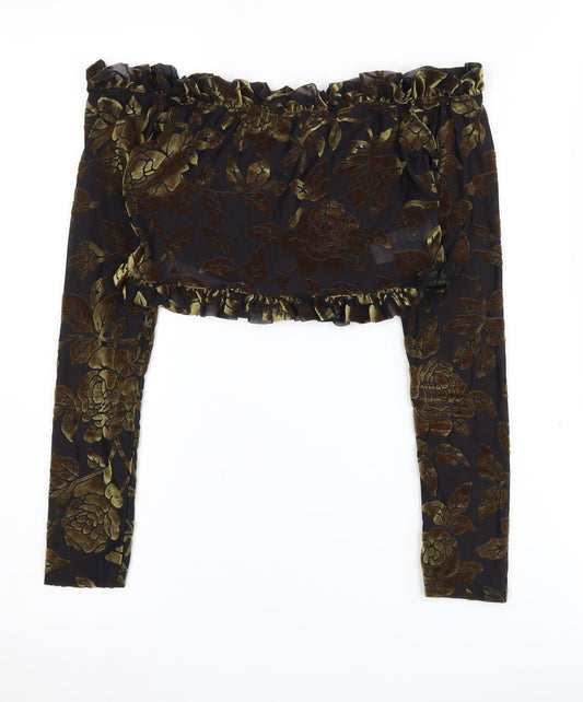 PrettyLittleThing Women's Black Floral Off Shoulder Crop Top