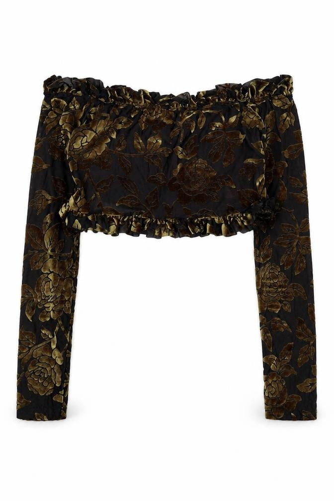 PrettyLittleThing Women's Black Floral Off Shoulder Crop Top