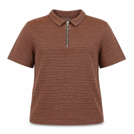 Front view of ASOS DESIGN Women's Brown Polo Shirt, M, Collared Zip Accent