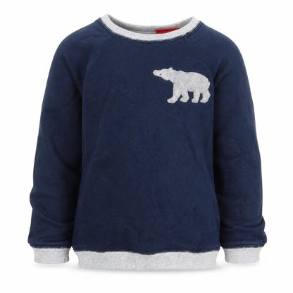 Front view of The Little White Company boys’ blue bear sweatshirt 5-6 years