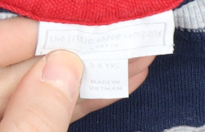 Brand and care label for The Little White Company boys’ blue bear sweatshirt 5-6 years