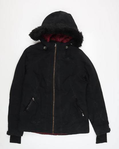 Crane Women's Black Parka Jacket S Hooded Fur Trim