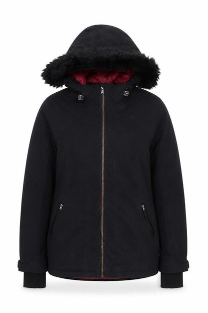 Crane Women's Black Parka Jacket S Hooded Fur Trim