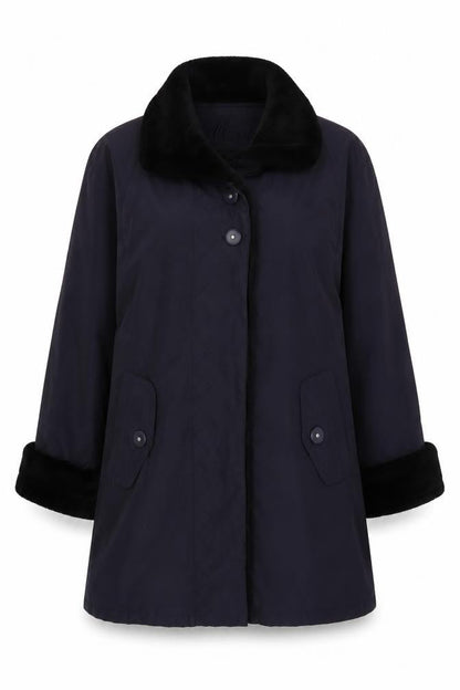 Front view of Nuage Women's Black Overcoat, size 12, with Fur Trim