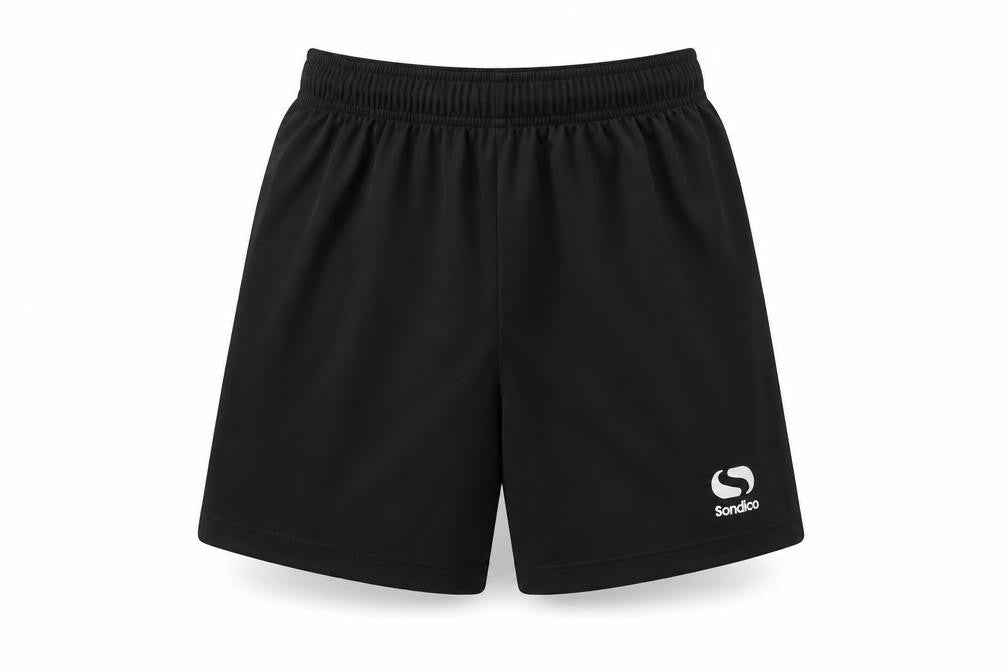 Front view of Sondico boys’ black athletic shorts 13y relaxed fit