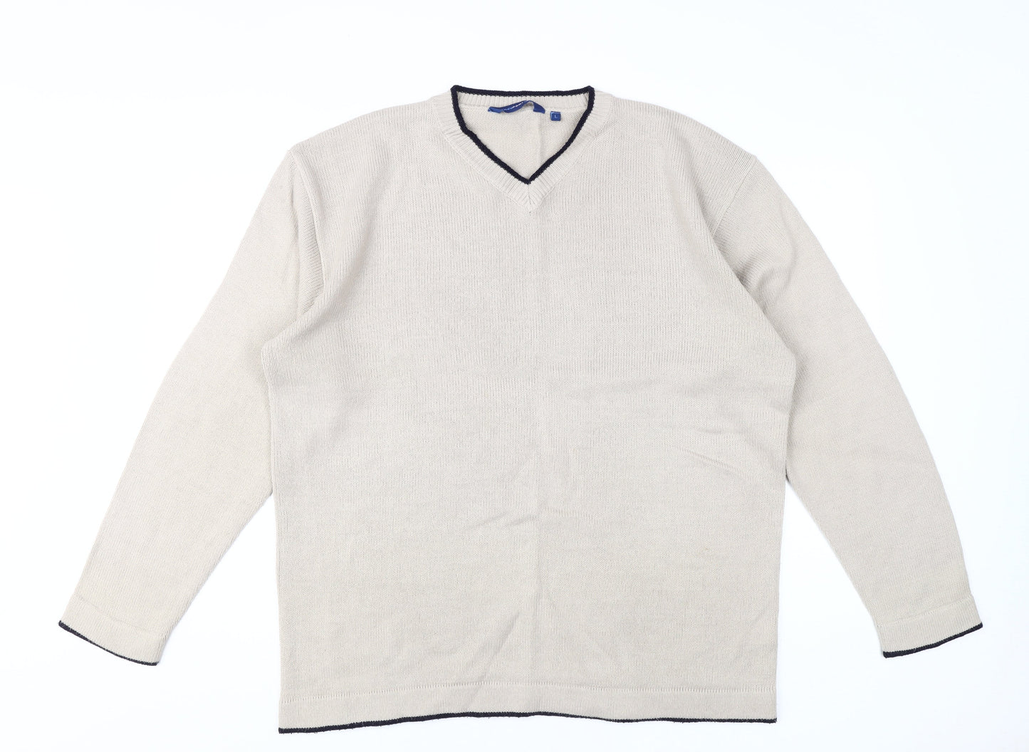 Freeport Men's Beige Pullover Jumper, Size L - Acrylic, V-Neck