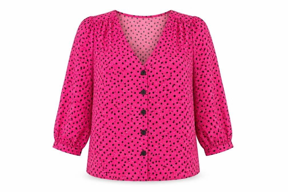 Dunnes Women's Pink Polka Dot V-Neck Blouse Size M