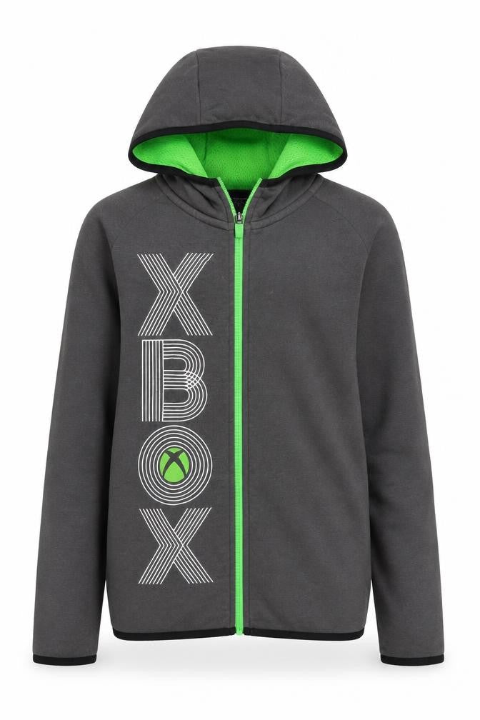 Front view of Xbox boys’ grey hoodie 10-11 years full zip gaming style