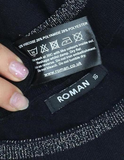 Close-up detail of Roman Women's Black Knit T-Shirt, size 8