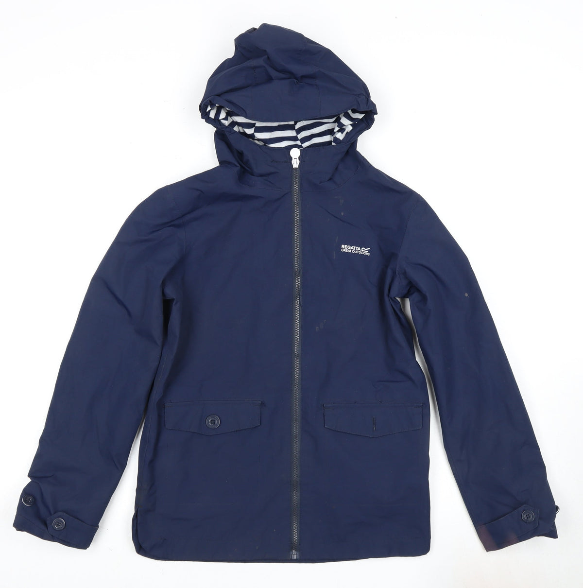Additional front view of Regatta boys’ blue rain coat 2xl waterproof hooded jacket