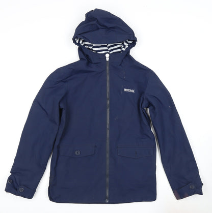 Additional front view of Regatta boys’ blue rain coat 2xl waterproof hooded jacket