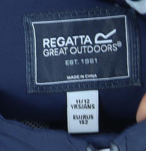 Close-up detail of Regatta boys’ blue rain coat 2xl waterproof hooded jacket
