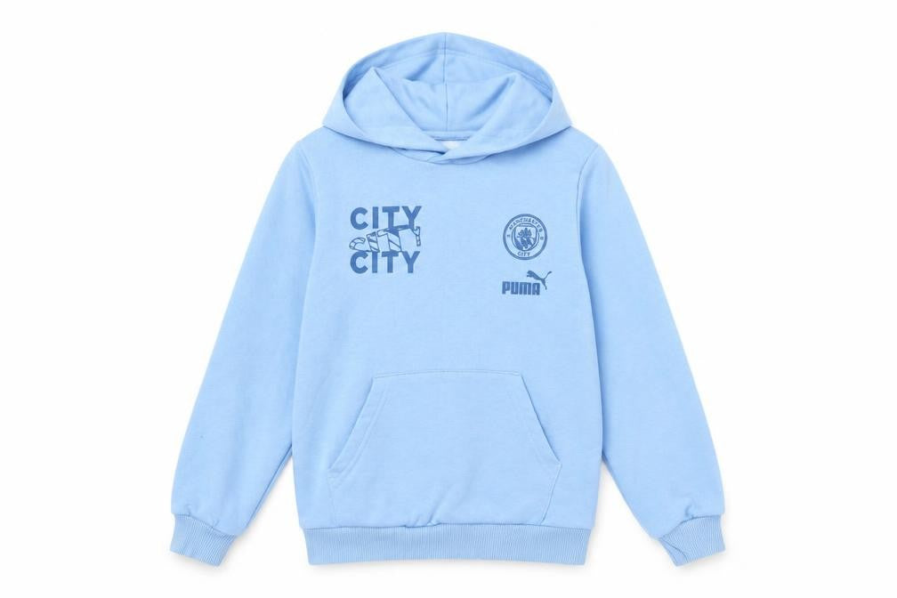 Front view of Puma boys’ blue pullover hoodie 9-10 years sports graphic