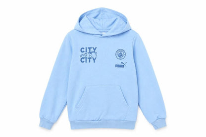 Front view of Puma boys’ blue pullover hoodie 9-10 years sports graphic