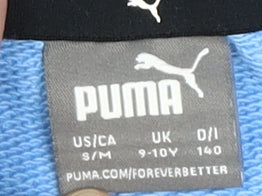 Close-up detail of Puma boys’ blue pullover hoodie 9-10 years sports graphic