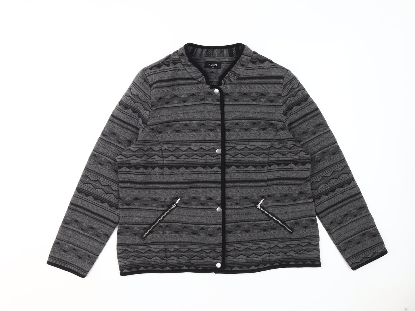 Klass Women's Black Grey Geometric Bomber Jacket Size 16