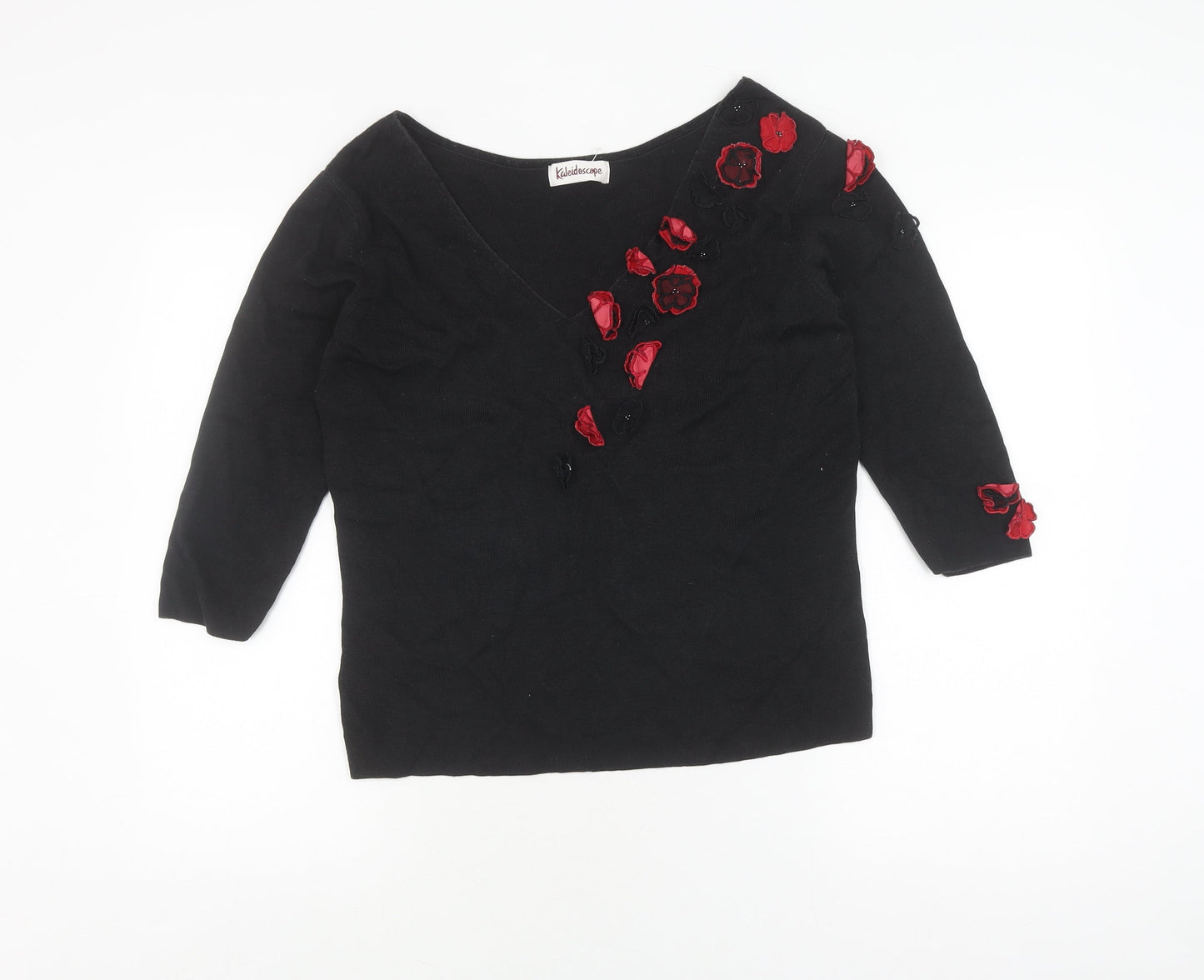 Kaleidoscope Black 3/4 Sleeve V-Neck Embroidered Blouse