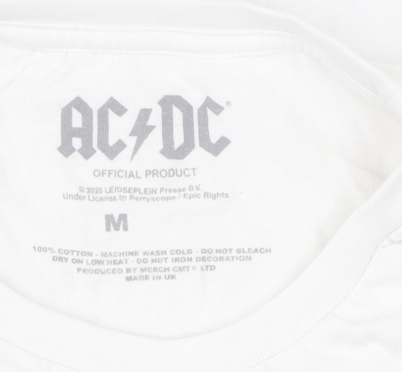AC/DC Unisex White T-Shirt, M, Crew Neck, Music Theme