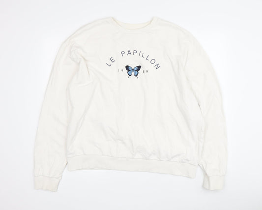 Topshop Women's White Pullover Sweatshirt, Size L, Butterfly Theme