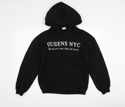 Additional front view of Zara boys’ black graphic print pullover hoodie, size 14