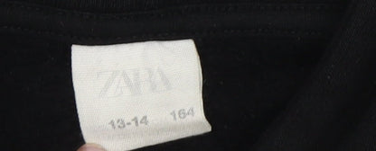 Close-up detail of Zara boys’ black graphic print pullover hoodie, size 14