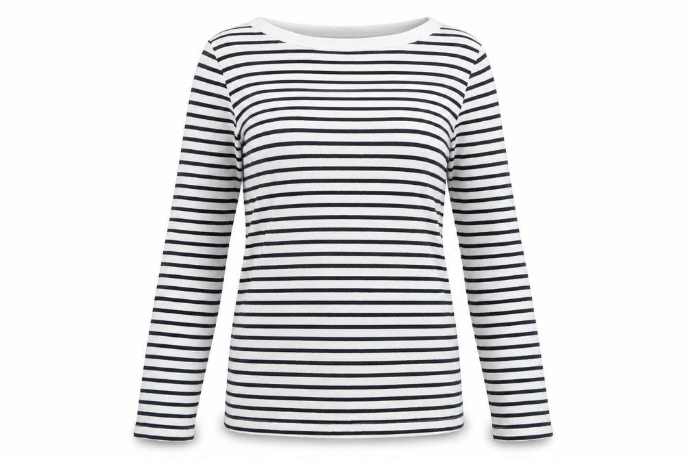 Cotton Traders Women's White Striped Boat Neck Top