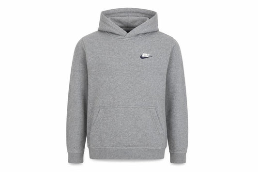 Front view of Nike boys’ grey hoodie xl pullover, jersey, logo accented