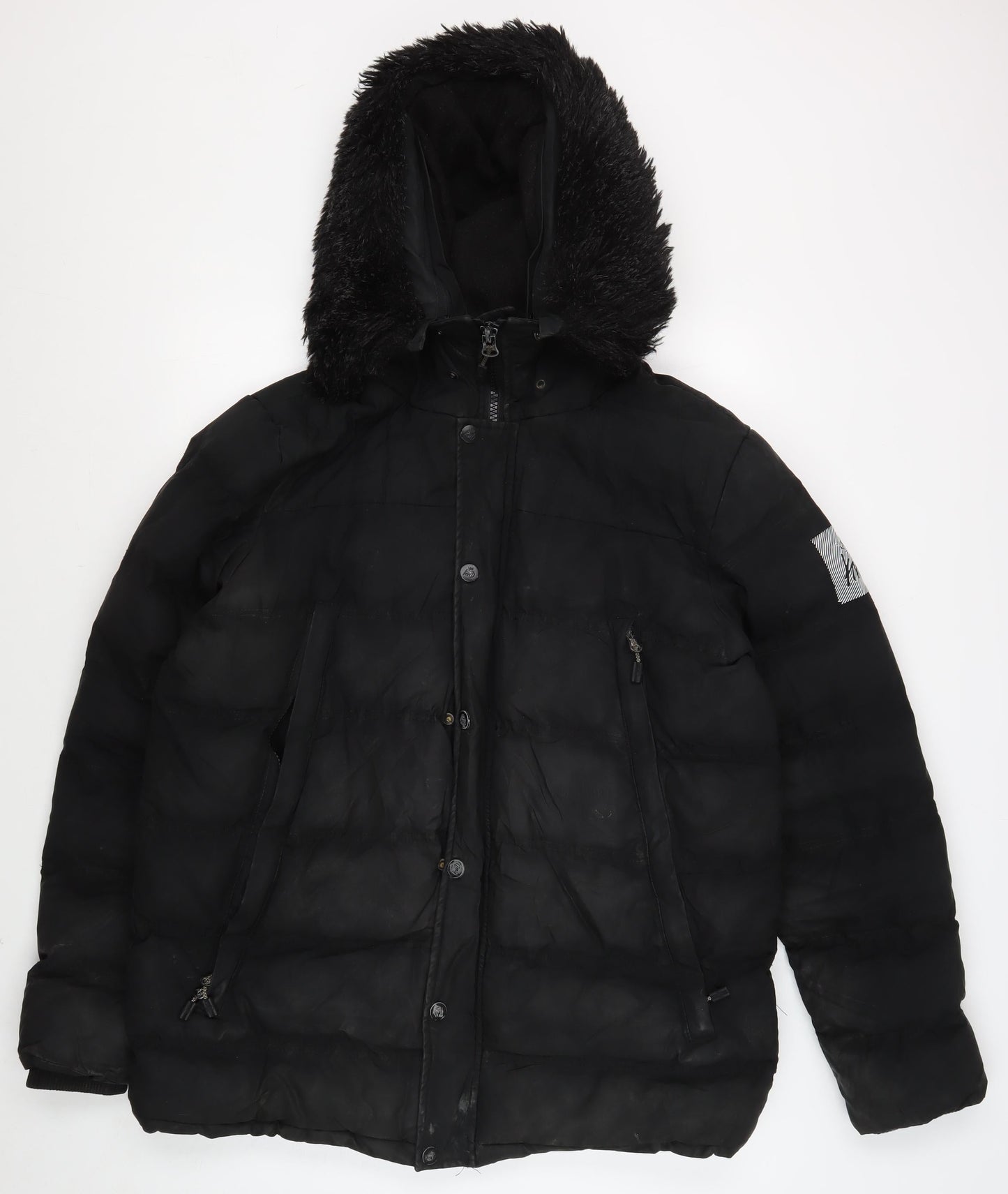 KWD Men's Black Puffer Jacket L Hooded Fur Trim Winter