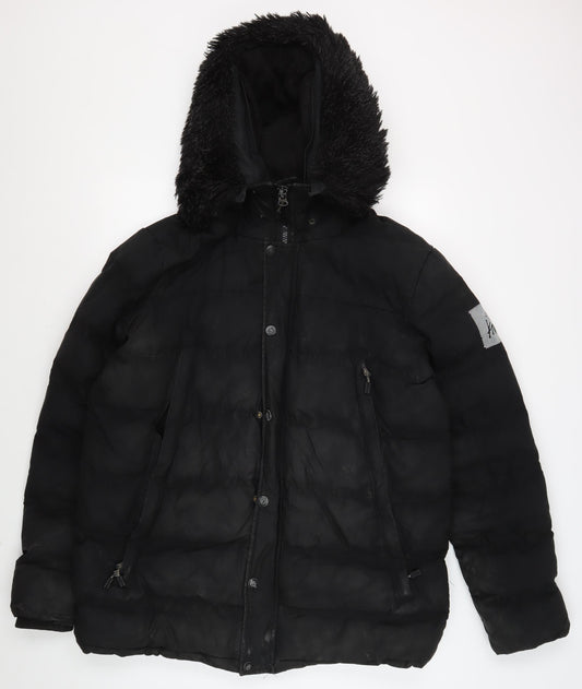 KWD Men's Black Puffer Jacket L Hooded Fur Trim Winter