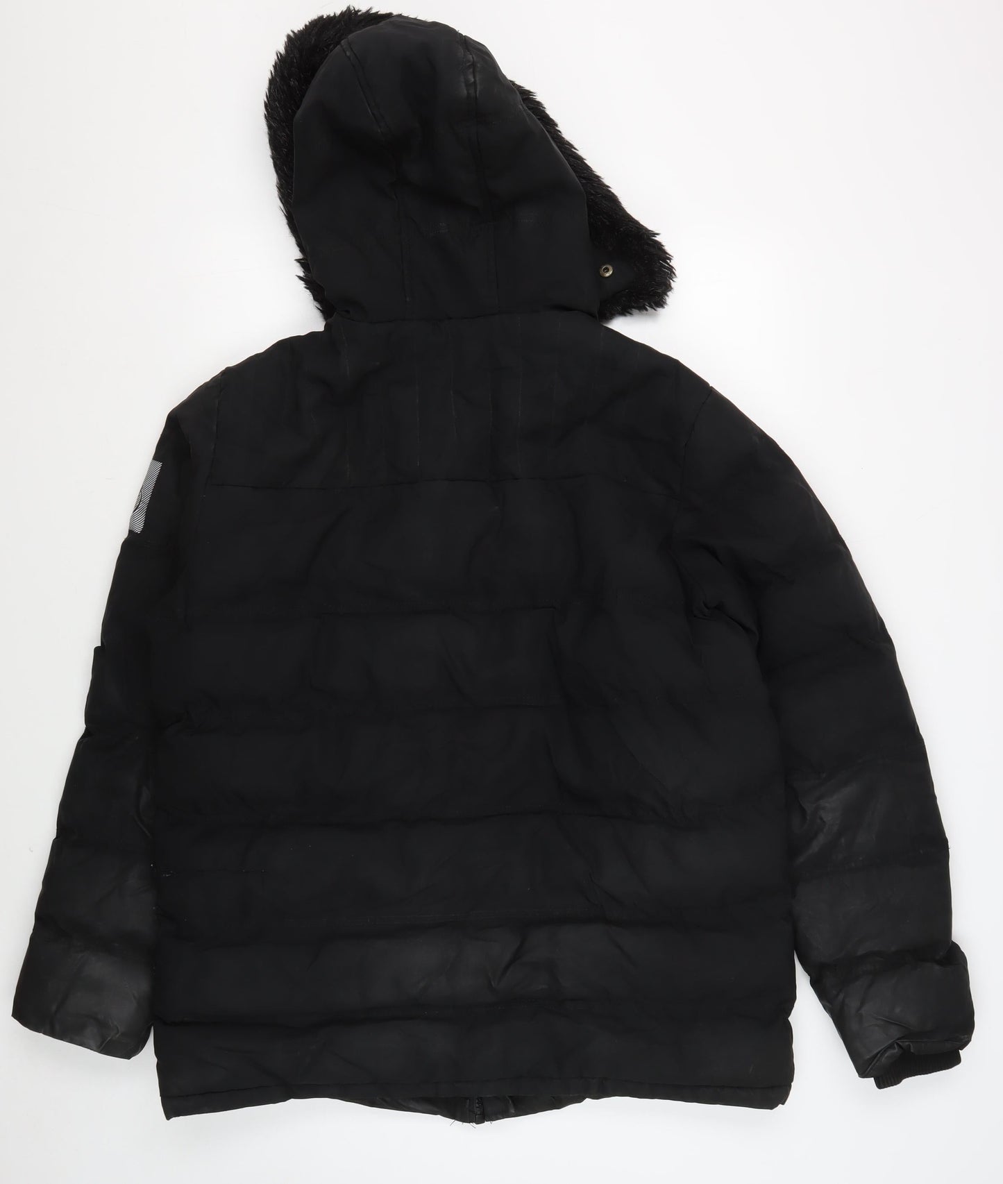 KWD Men's Black Puffer Jacket L Hooded Fur Trim Winter