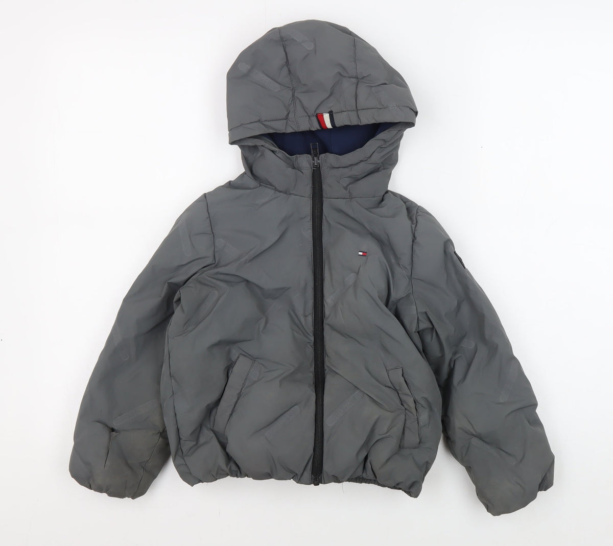Additional front view of Tommy Hilfiger boys’ grey hooded puffer jacket, size 110