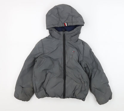 Additional front view of Tommy Hilfiger boys’ grey hooded puffer jacket, size 110
