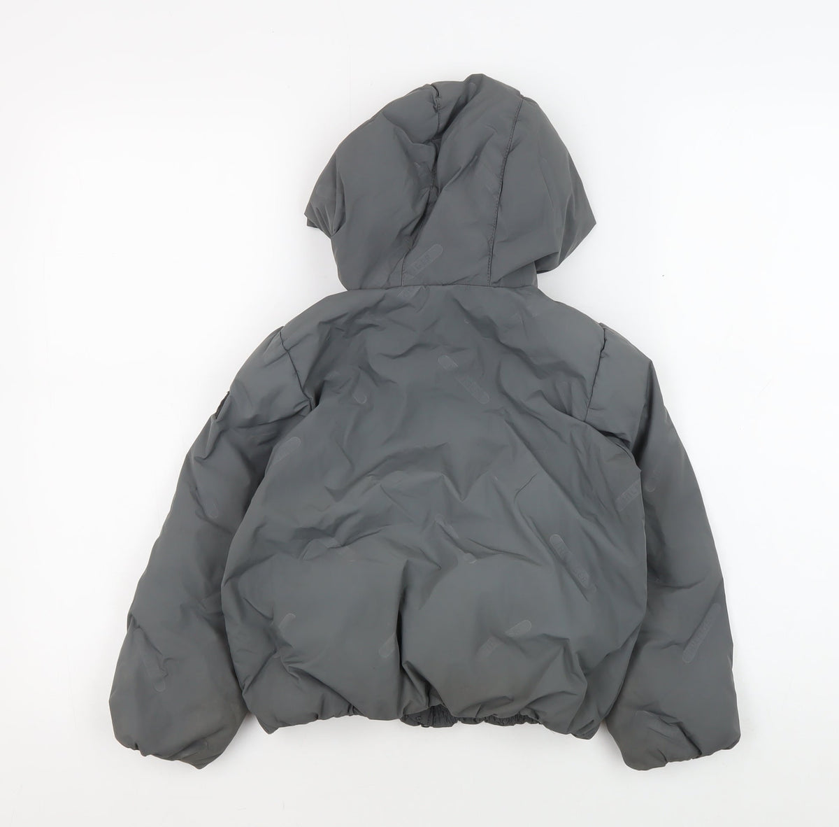 Back view of Tommy Hilfiger boys’ grey hooded puffer jacket, size 110