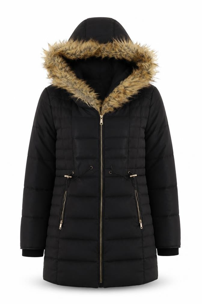 Stradivarius Women's Black Puffer Jacket S with Fur Trim