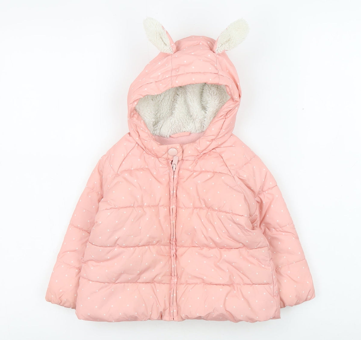 Additional front view of Gap girls’ pink puffer jacket 18-24 months hooded winter ears
