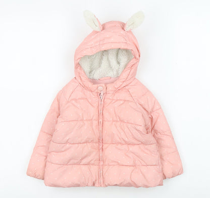 Additional front view of Gap girls’ pink puffer jacket 18-24 months hooded winter ears