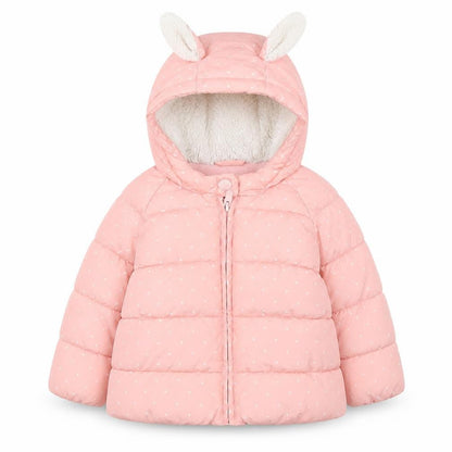 Front view of Gap girls’ pink puffer jacket 18-24 months hooded winter ears