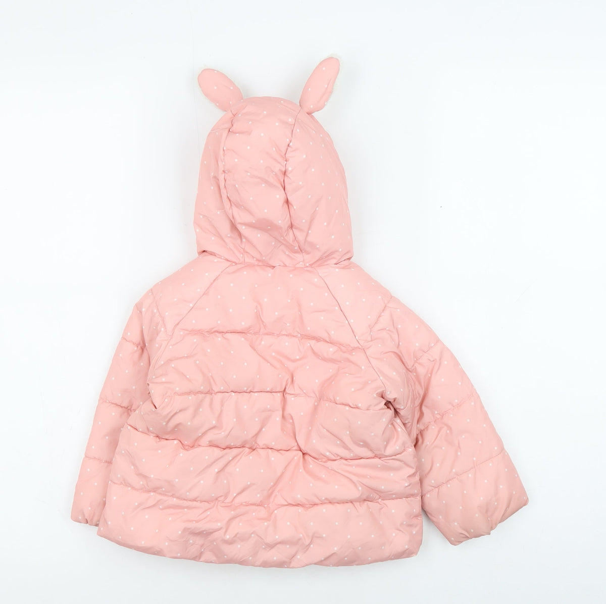Back view of Gap girls’ pink puffer jacket 18-24 months hooded winter ears